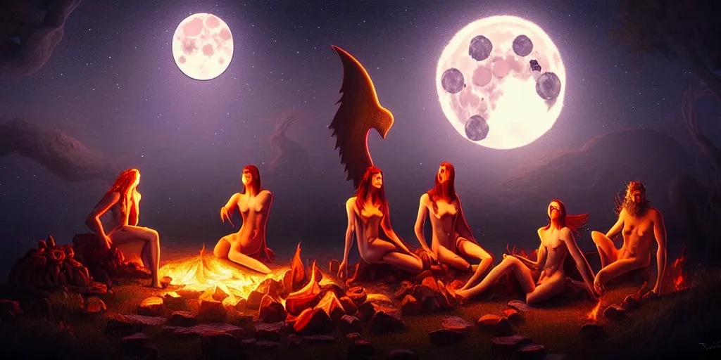 Image similar to venus infused scene at bifrost!!!!!! mythical beasts of sitting around a fire under a full moon at bifrost, surreal dark uncanny painting by ronny khalil