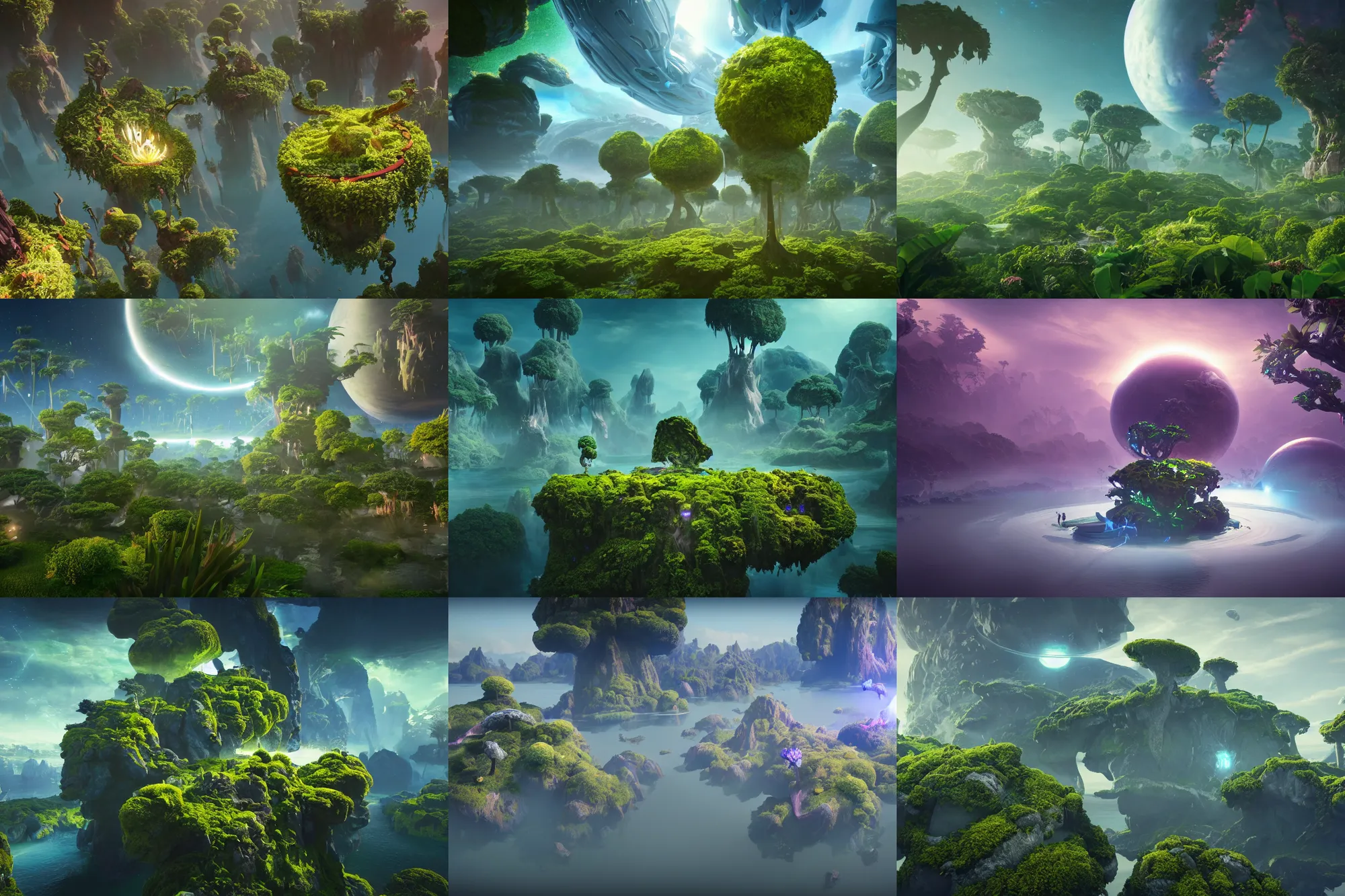 Prompt: floating islands connected by energy, avatar landscape, high - tech space cult with trees and plants and alien flowers, dramatic lighting, epic, octane render, volumetric light, unreal engine, artbreeder, 8 k, background, scene, digital, artwork, high quality, 8 k