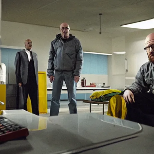 Prompt: walter white and jessie pinkman in gus frings underground laboratory on top of howard hamlin and lalo salamunca