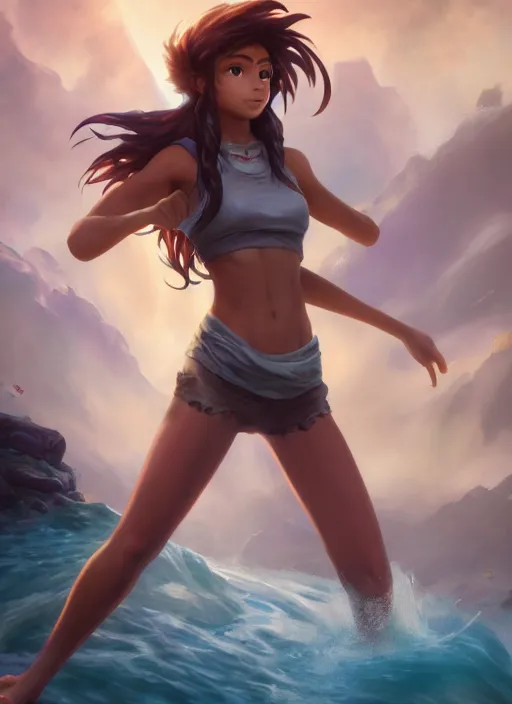 Image similar to youthful taliyah, from league of legends, au naturel, surfing a rock, with abs, hyper detailed, digital art, trending in artstation, cinematic lighting, studio quality, smooth render, unreal engine 5 rendered, octane rendered, art style by klimt and nixeu and ian sprigger and wlop and krenz cushart