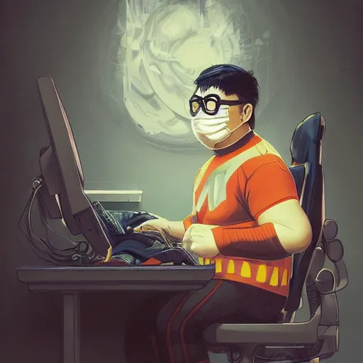 Image similar to an insanely detailed painting of a chubby and nerdy asian man wearing a homemade superhero costume and mask, sitting at a computer desk typing on the keyboard, in the style of peter mohrbacher, dramatic lighting and composition, trending on artstation, concept art, comic book, graphic novel, back view