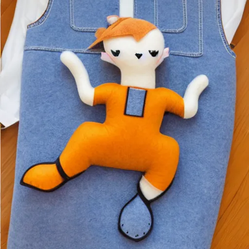 Image similar to a cute elegant felt plush doll wearing overalls