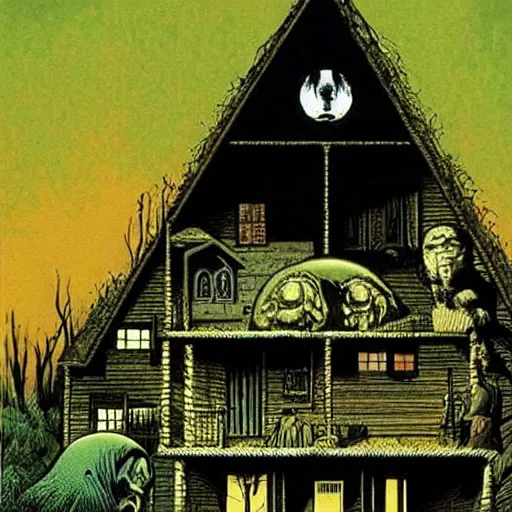 Prompt: a house with big eyes, by richard corben. pulp horror art, comic book art