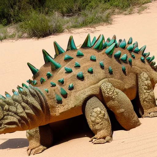 Prompt: the lovechild of a ankylosaurus and a dune buggy