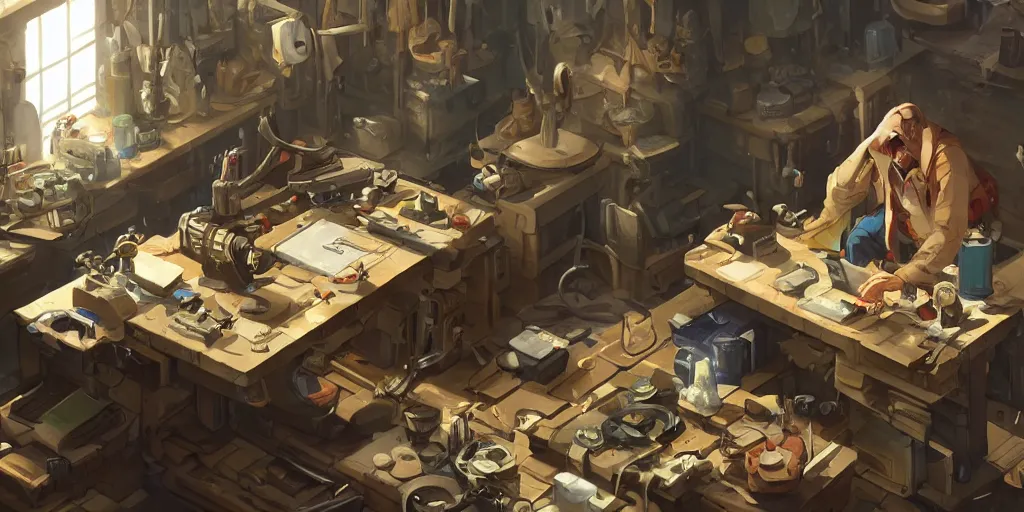 Image similar to A strong mechanic tinkers over gadgets on a table inside his workshop, in the style of Arcane, Greg Rutkowski and Studio Ghibli