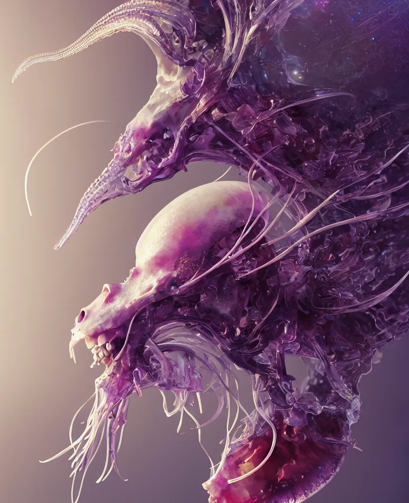 Image similar to goddess close-up portrait goat skull. jellyfish phoenix head, nautilus, orchid, skull, betta fish, bioluminiscent creatures, intricate artwork by Tooth Wu and wlop and beeple. octane render, trending on artstation, greg rutkowski very coherent symmetrical artwork. cinematic, hyper realism, high detail, octane render, 8k