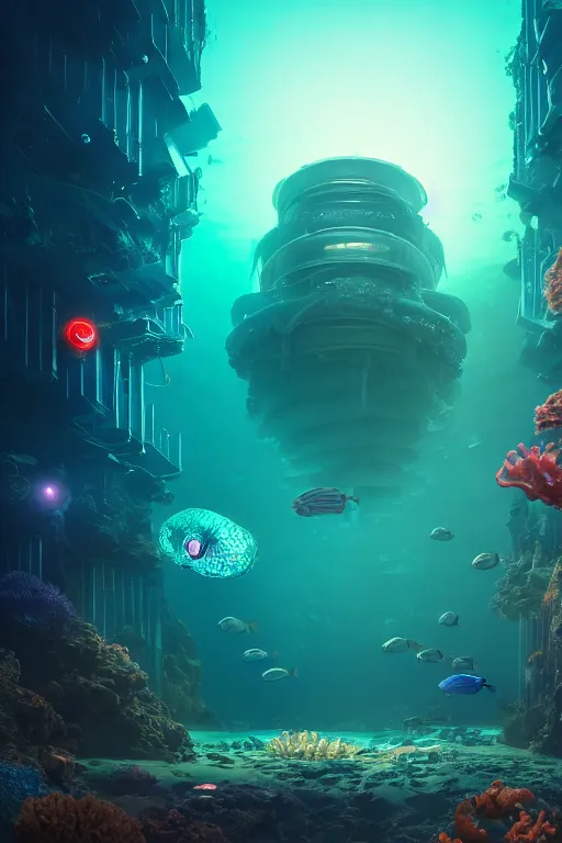 Prompt: high quality photo of cinematic underwater dystopian futurist city ruins with giant bioluminescent multicolored mutant fish and cyborg jellyfish, masterpiece, aykut aydogdu, very dramatic volumetric light, long shot, ground angle uhd 8 k, deep focus