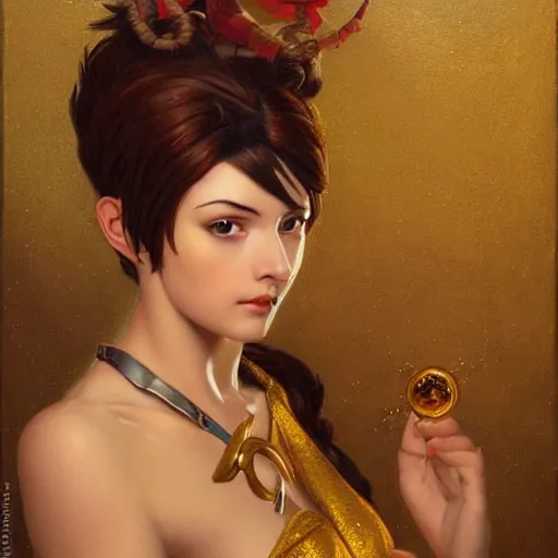 Image similar to beautiful golden portrait of Tracer (Overwatch) Grand Odalisque intricate oil painting by Jo hn William Godward and Anna Dittman by J-H 768-C2.0