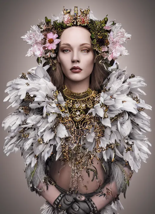 Image similar to full body environmental portrait photo of a goddess as angel, ornate headpiece made from flowers, ornaments, glamour shot by gemmy woud - binnendijk, chris knight, photorealistic, canon r 3, fashion photography, ornate, elegant, luxury and elite, symmetrical features, octane render, unreal engine, solid dark grey background, clamp shell lighting