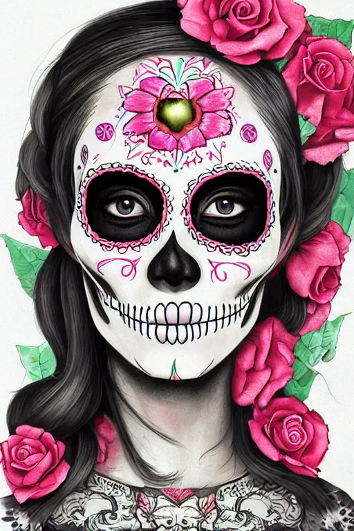 Image similar to illustration of a sugar skull day of the dead girl, art by lixin yin