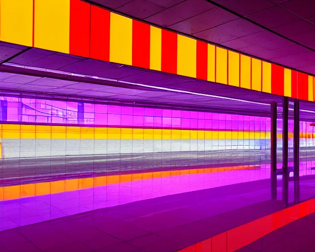 Prompt: purple japanese city in the distant future. rain on glass, neon signs, empty. three horizontal rectangles. one is yellow, one is red, one is light orange. the red one is the thinnest and has several thin yellow lines running through it with a peak in the middle.