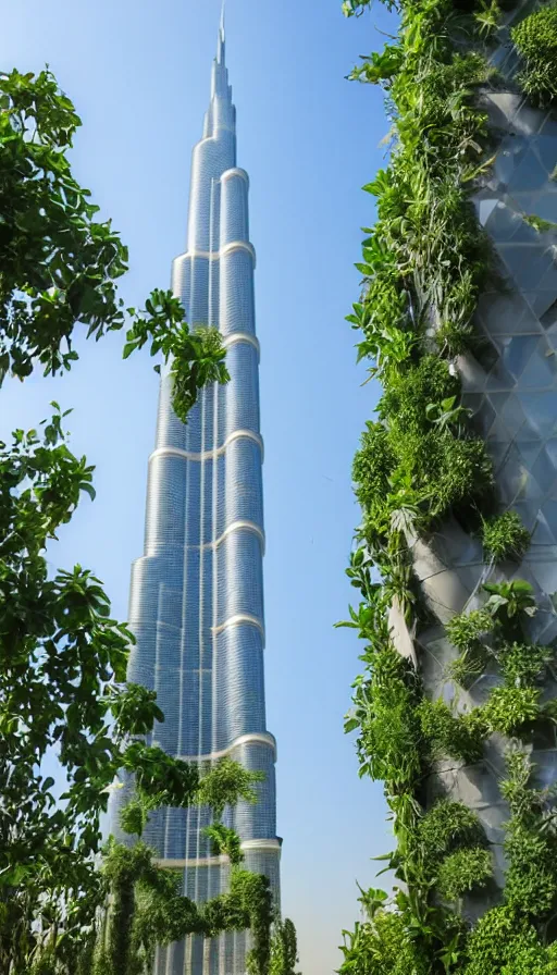 Prompt: the burj khalifa with plants and vines and greenery growing on it. in a beautiful green metropolis surrounded by flowers, trees and greenery.