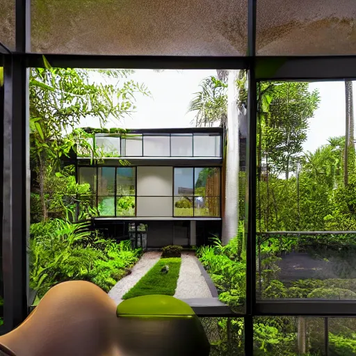 Image similar to modern house, surrounded by a lush jungle, hyper realistic, photo real,