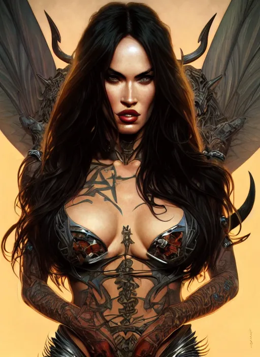 Image similar to portrait of megan fox as demon, batwings, hell, intricate, headshot, highly detailed, digital painting, artstation, concept art, sharp focus, cinematic lighting, illustration, art by artgerm and greg rutkowski, alphonse mucha, cgsociety