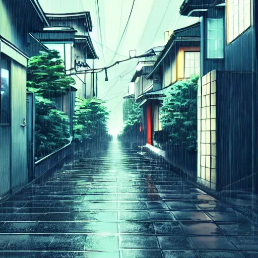 Image similar to anime tokyo residential quiet street scenery only wallpaper aesthetic, rainy scene, beautiful, dreamy