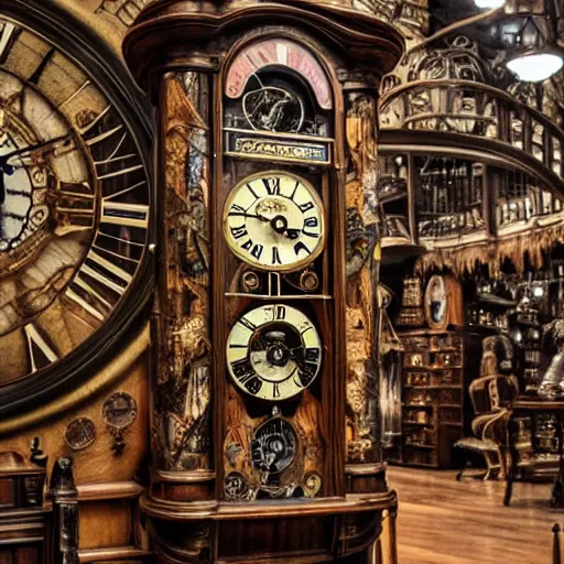 prompthunt: interior of a steampunk clock shop, father time, wooden  grandfather clocks everywhere, realistic, very intricate masterpiece by  arthur rackham