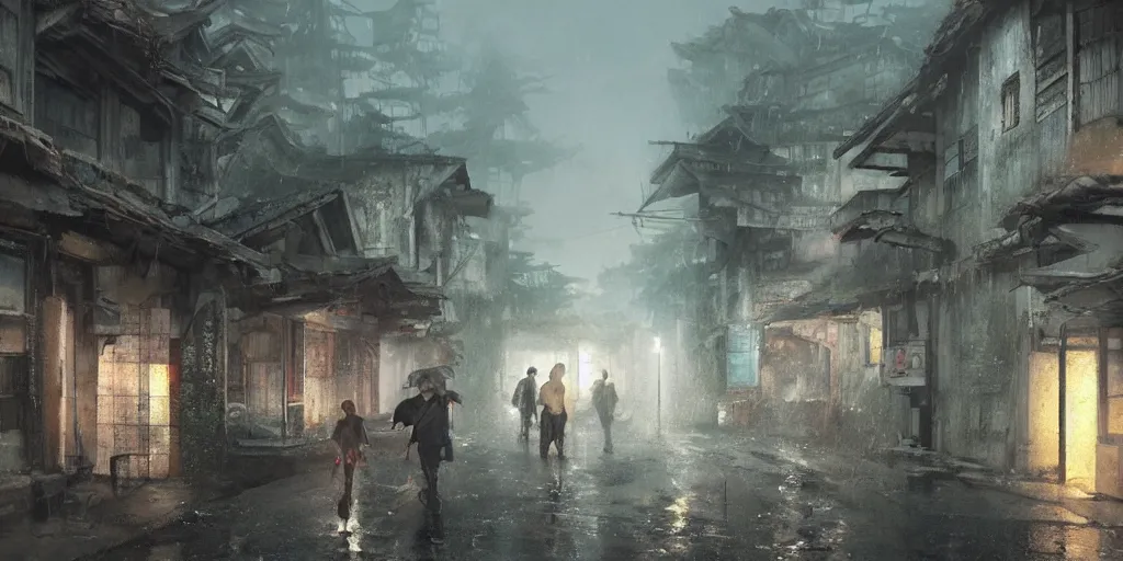 Image similar to walking around dilapidated ikeshima island, nagasaki, japan. volumetric lighting, rain, spring night, dark overcast weather, realistic illustration, perfectly shaded, soft painting, art by krenz cushart and wenjun lin