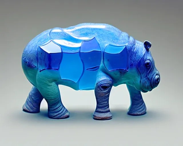 Image similar to a sculpture of hippo baby, half wood carved half blue translucid resin epoxy, cubic blocks, side view centered, mixmedia, transparent,