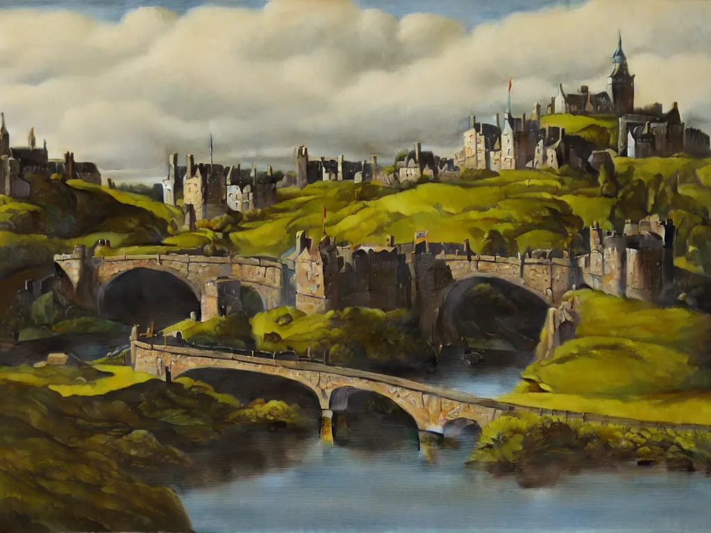 Image similar to A detailed oil painting of a beautiful Scotland town, castle, bridge, loch, in the style of Michiel Schrijver, isometric