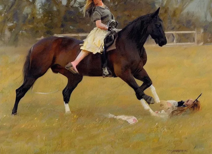 Image similar to a highly detailed beautiful portrait of jenny nicholson slaughtering a pony, by gregory manchess, james gurney, james jean