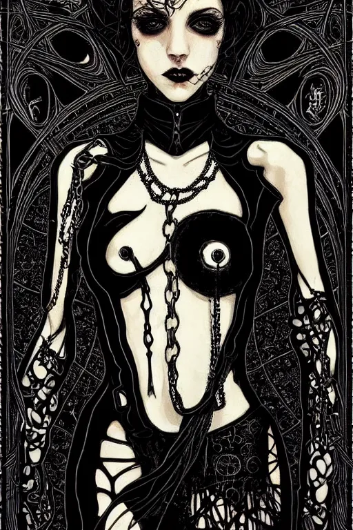 Image similar to dreamy gothic girl, black leather slim clothes, chains, art nouveau, beautiful body, detailed acrylic, grunge, intricate complexity, by dan mumford and by alberto giacometti, peter lindbergh