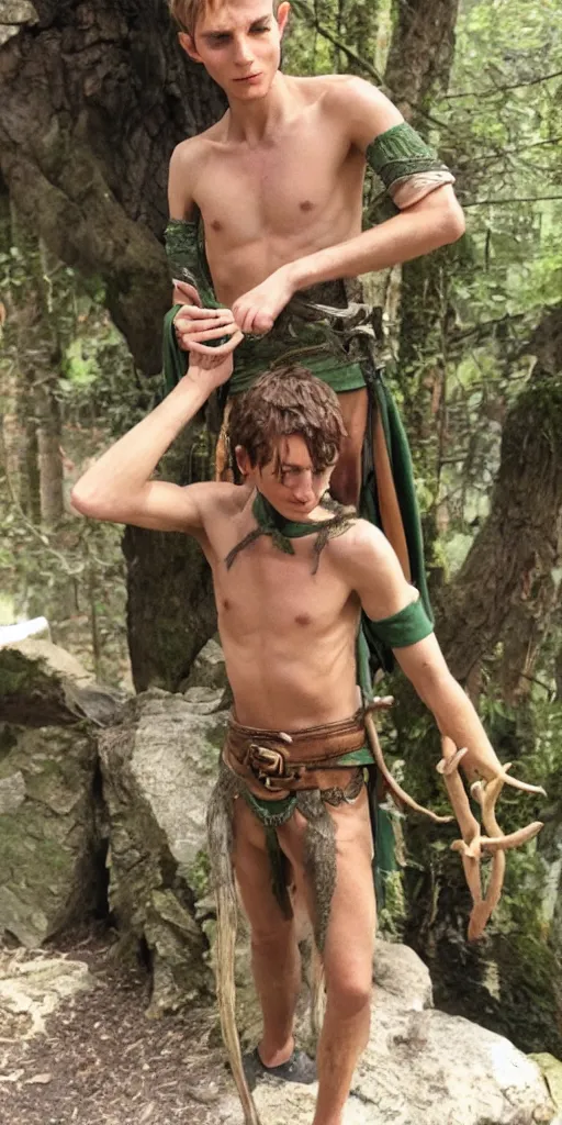 Image similar to an wood elf boy getting ready for an high fantasy adventure