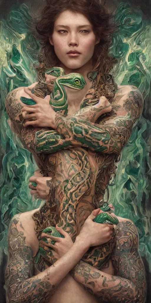 Image similar to epic masterpiece portrait of a snake tattooed gymnast, followed by heads with many souls, beautiful face and flawless skin, perfect hands, emeralds by Edgar Maxence and Ross Tran and Michael Whelan