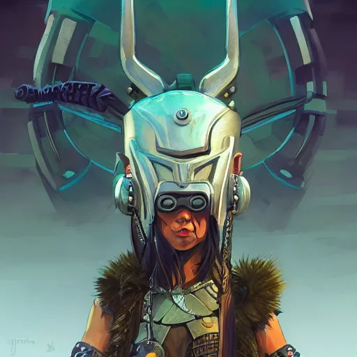 Image similar to cyberpunk viking helmet mask warrior goddess robot ninja fantasy, art gta 5 cover, official fanart behance hd artstation by jesper ejsing, by rhads, makoto shinkai and lois van baarle, ilya kuvshinov, ossdraws