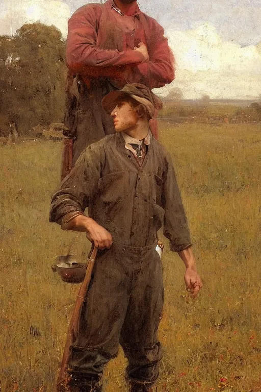 Prompt: Solomon Joseph Solomon and Richard Schmid and Jeremy Lipking victorian genre painting full length portrait painting of a young farmer working in the field, red background