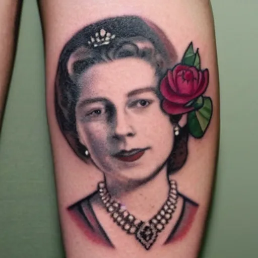 Image similar to of a young queen elizabeth with tattoos on her arms and a small rose tattoo on her face photo realistic