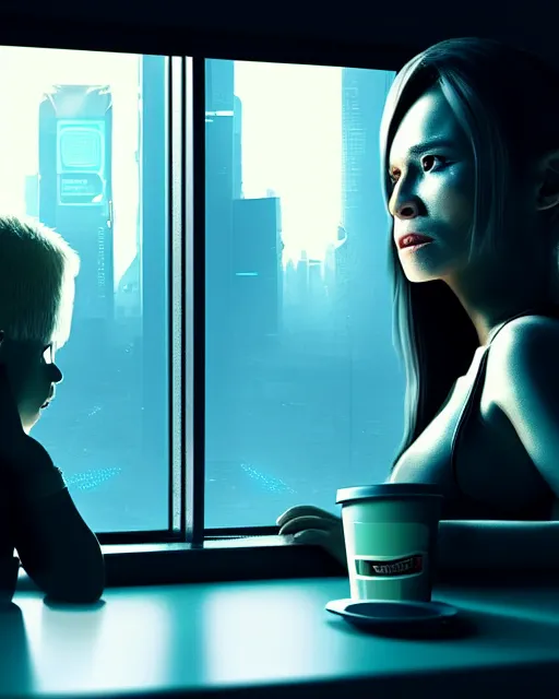 Image similar to a terminator cyborg lady with borg implants and a young human face is drinking coffee near a window with dystopian city visible outside. tiny green led lights in her cybernetics. very detailed 8 k. horror cyberpunk style.