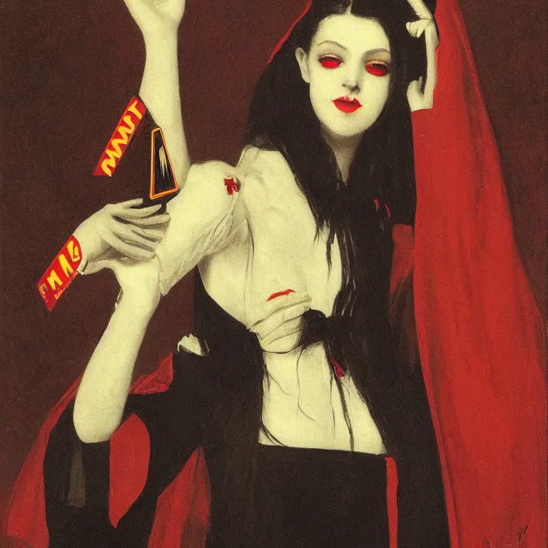 Prompt: portrait of a beautiful and grim vampire queen wearing a mcdonalds uniform by William-Adolphe Bouguerea