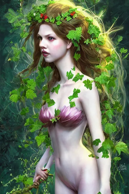 Prompt: portrait of hannah murray as titania, summer queen. faerie queen. queen of light, green, poison ivy, made by caravaggio stanley artgerm lau wlop rossdraws artstation cgsociety concept art cgsociety octane render