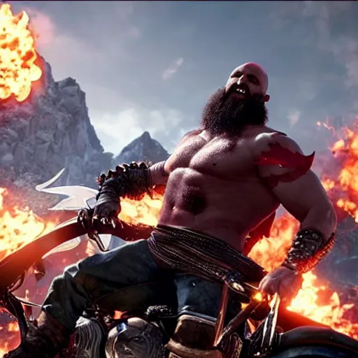 Prompt: kratos, with leviathan axe, jumping a black harley - davidson motorcycle into a dragon's mouth, cinematic render, playstation studios official media, god of war 2 0 1 8