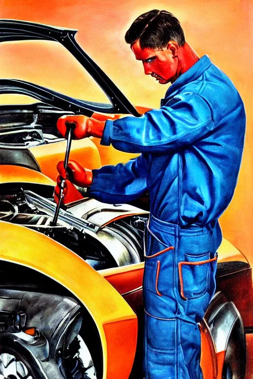 Image similar to muscular mechanic fixing a car engine painting by arnold armitage, cool colors,