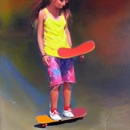 Prompt: girl playing skateboard, oil painting