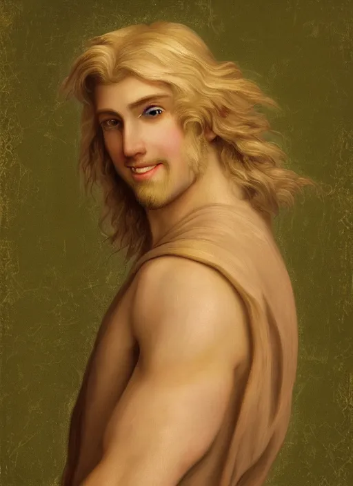 Image similar to portrait of a smiling blond handsome man with long hair and green eyes in baroque art, anime inspired, High Res 8K,hyperdetailed