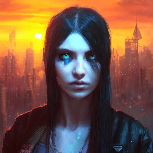 Prompt: molly millions, closeup portrait of a young beautiful cyberpunk woman, eye implants, black hair in a rough shag, sunset, neuromancer, street samurai, cyberpunk city background, megacity, gorgeous view, depth, painted by seb mckinnon, high detail, digital art, painted by greg rutkowski, trending on artstation