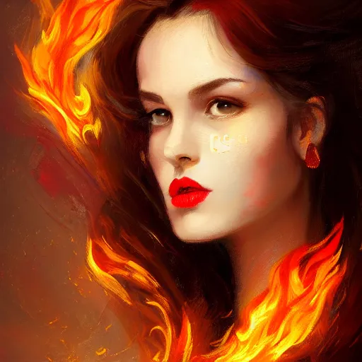 Prompt: portrait of a beautiful woman on fire. Whole body. Nostalgic expression. Thomas kindkade. Detailed eyes. Deep red lips. Trending on artstation. Detailed illustration. Hd. 4k