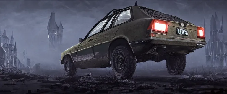 Image similar to Armored and Armed Military Audi 80 B3 Avant (1988) with a mounted M249, Dark Souls 3, Eldritch Horrors, Wretched and Corrupted Knights, a grim fantasy, Anor Londo, dramatic lighting, cinematic, establishing shot, extremely high detail, photorealistic, cinematic lighting, artstation, by simon stalenhag