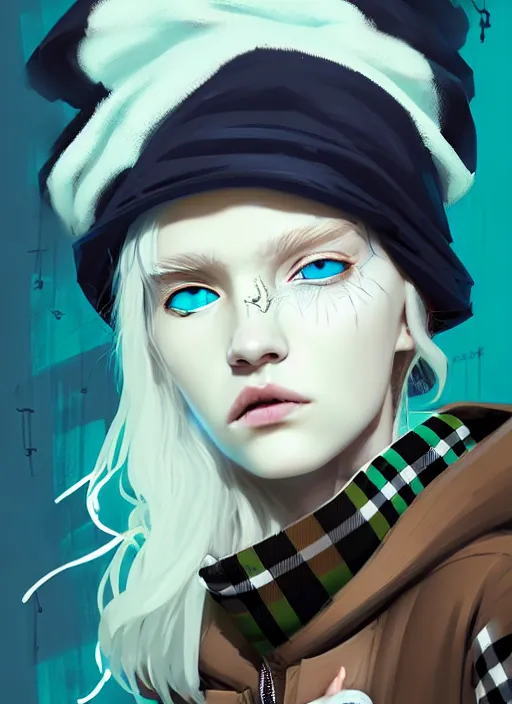 Image similar to highly detailed portrait of a sewer punk lady student, blue eyes, burberry hoody, hat, white hair by atey ghailan, by greg tocchini, gradient green, black, brown, cream and blue color scheme, grunge aesthetic!!! ( ( graffiti tag wall, plain white background ) )