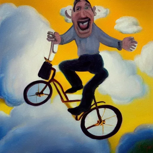 Image similar to A whimsical painting of a happy man flying in the sky on his bicycle in the clouds, action shot, subject is smiling, expressive oil painting
