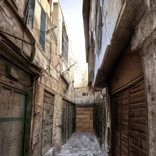 Prompt: An extra detailed photo of an old alley in Damascus, hyper realistic