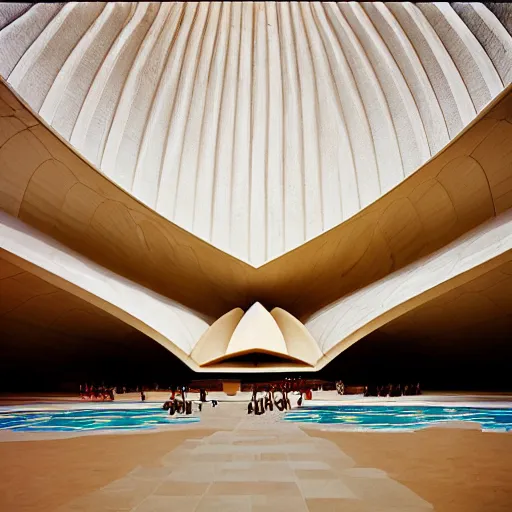 Prompt: interior of a futuristic lotus temple with gold, red and white marble panels, in the desert, by buckminster fuller and syd mead and zaha hadid, intricate contemporary architecture, photo journalism, photography, cinematic, national geographic photoshoot