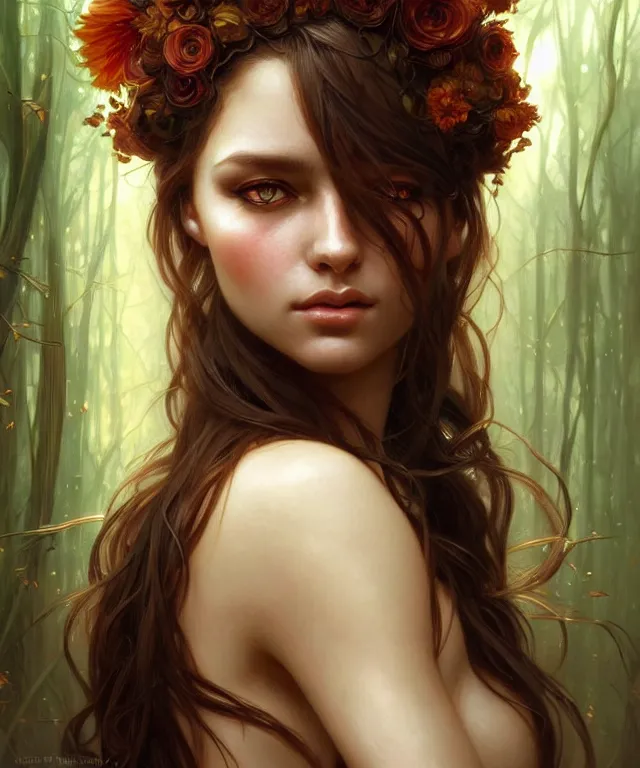 Image similar to Forest nymph woman portrait, amber eyes, face, long hair, fantasy, intricate, elegant, highly detailed, digital painting, artstation, concept art, smooth, sharp focus, illustration, art by artgerm and greg rutkowski and alphonse mucha