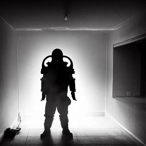 Image similar to A misterious man wearing a gas mask is standing on the midle of a stair hallway looking in the direction of the camera, the man is using a turned on flashlight to look for survivors :: Ruined city with vegetation growing from the distroyed buildings :: apocalyptic, shadowy, disolate :: A long shot, low angle, dramatic backlighting, simetric photography, night time, slighty colorful with blue, green and orange :: cinematic shot, very detailed