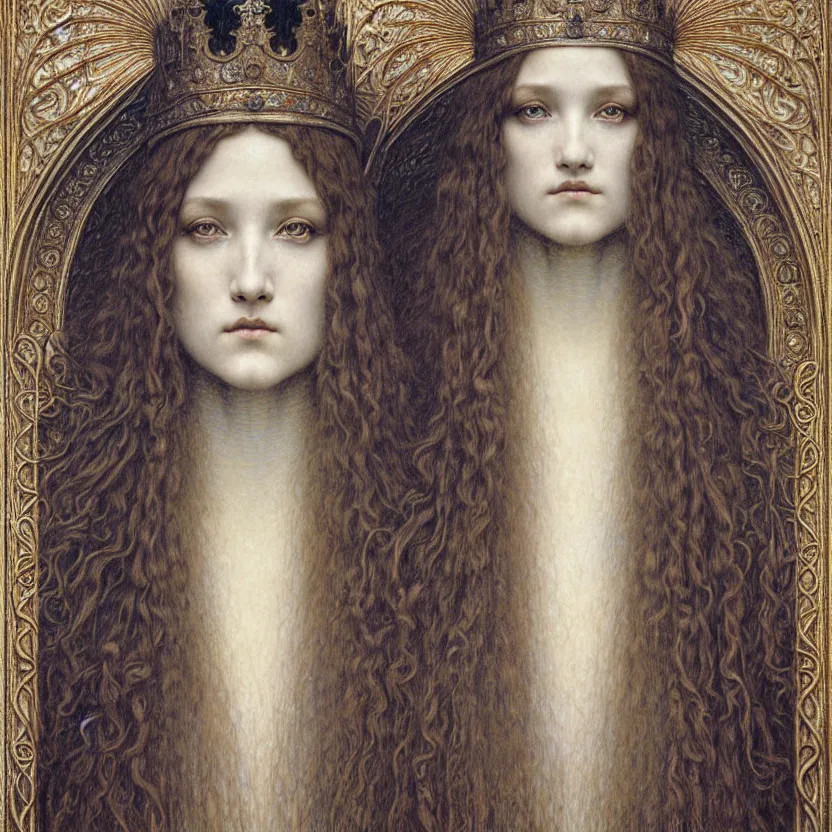 Image similar to detailed realistic beautiful young medieval queen face portrait by jean delville, gustave dore and marco mazzoni, art nouveau, symbolist, visionary, gothic, pre - raphaelite. horizontal symmetry