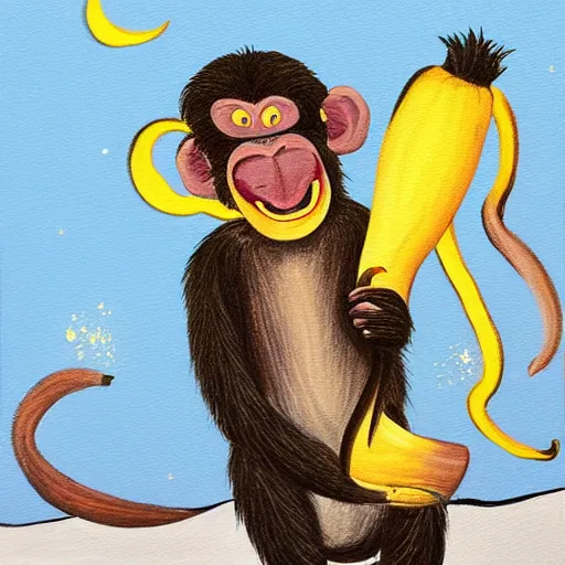 Prompt: an expressive painting of a monkey eating a burning banana on the moon