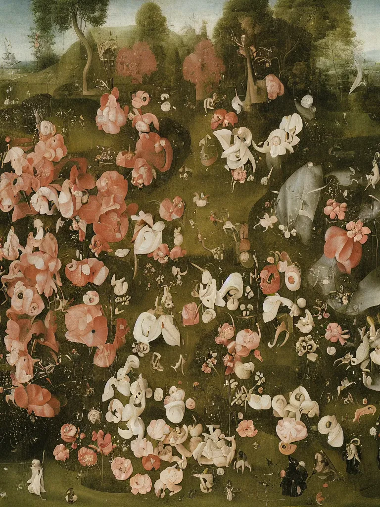 Prompt: beautiful large flowers in a garden, in the style of hieronymus bosch,