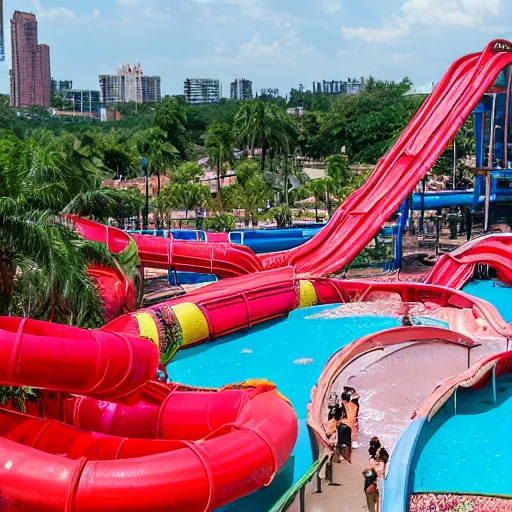 Image similar to the ugliest 1 star waterpark in the world with red dark water filled with trash, cracked broken slides, crowded,